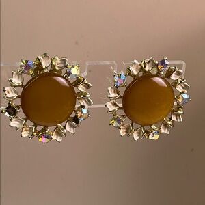 Vintage Butterscotch Carved Floral Celluloid Rhinestone Flower Clip Earrings